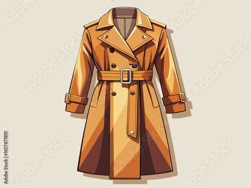 Isolated long camel trench coat with waist belt, high quality product photo on plain background