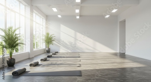 Bright yoga studio featuring mats plants by windows and sunlight streaming in