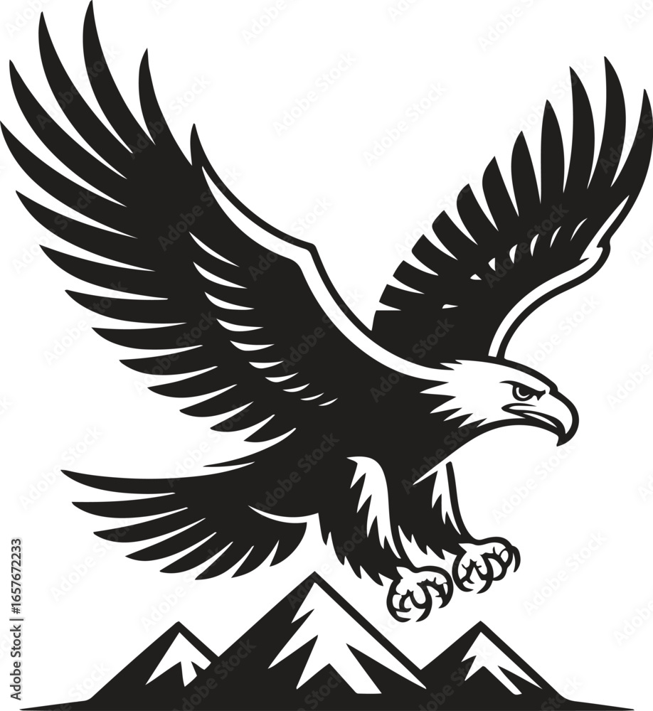 Obraz premium Black silhouette design of a eagle flying over mountains icon isolated on white background. vector illustration