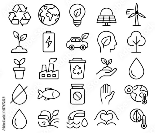 An Icon set representing environmentally conscious actions. Emphasizing ecological concepts of sustainability and protecting the natural world, promoting a clean and healthy Earth.