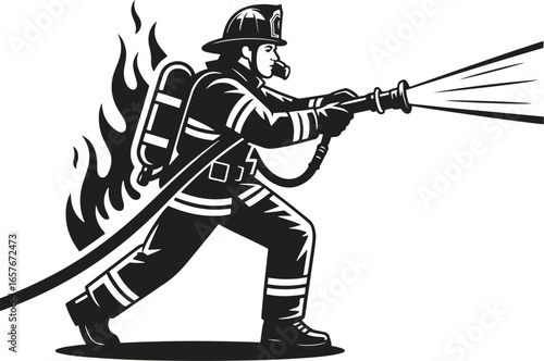 Black silhouette design of a firefighter spraying water icon isolated on white background. vector illustration