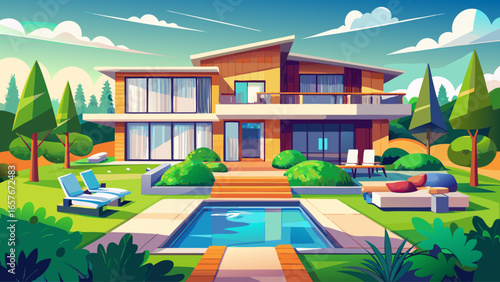 Modern luxury home with a spacious backyard garden and swimming pool