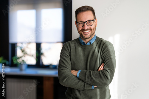 Portrait of happy success balanced man laughing, enjoys the little things in life. Happiness people