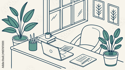 Home office desk setup with laptop plants and window view for remote work and study illustration design