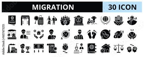 30 Migration Glyph Icons Vector - Passport Control, Refugee, Occupational Migration, International Migration, Rural to Urban, Economic Factor