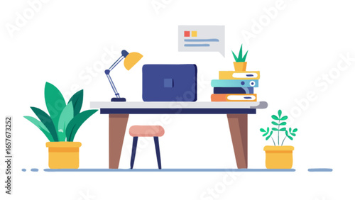 Home office desk setup with laptop, lamp, books, and plants for remote work and study concept design