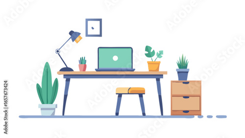 Minimalist home office setup with desk laptop plants and lamp for study or remote work illustration