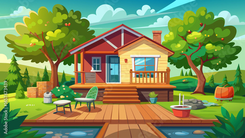 Cozy suburban house with a wooden deck and green backyard