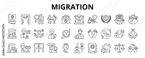 30 Migration Line Icons Vector - Passport Control, Refugee, Occupational Migration, International Migration, Rural to Urban, Economic Factor