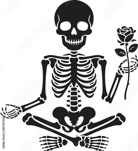Black skeleton holding a rose silhouette design isolated on white background. vector illustration