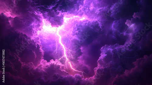 A dramatic bolt of thunder striking from a vibrant purple cloud. The sky around is dark and stormy, creating high contrast. 