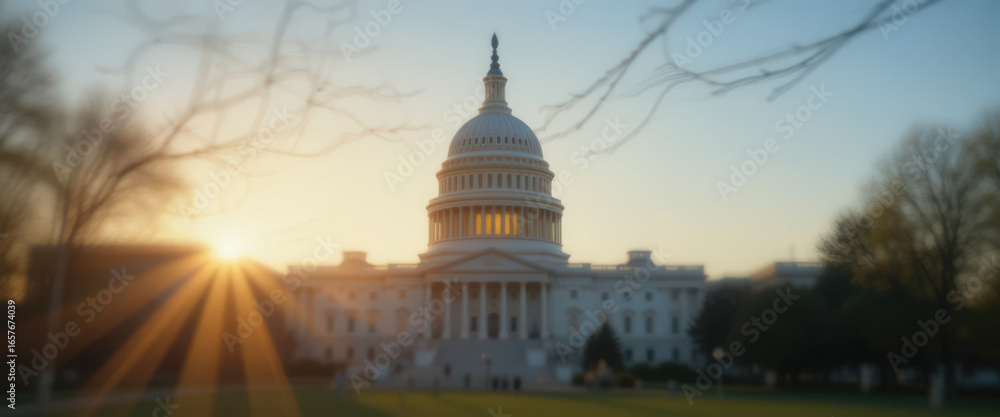 Fototapeta premium Sunrise over the capitol building washington d.C. Architectural photography natural light landscape government concept