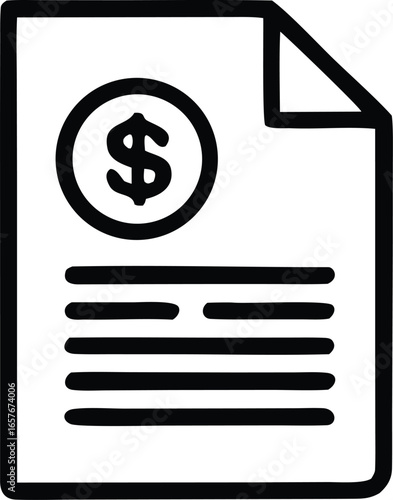 Simple hand drawn icon of a document featuring a dollar sign and text for financial records