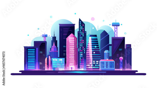 Downtown cityscape illustration with skyscrapers and buildings at night vector design art 100