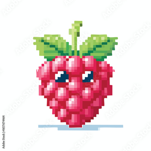 A cute pixel art illustration of a smiling raspberry with green leaves, perfect for food-related designs.