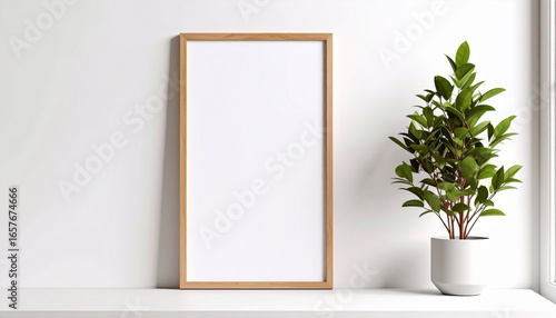 A minimalist interior scene featuring a blank picture frame and a potted plant.