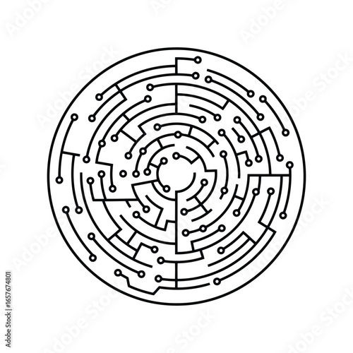 Circular circuit board maze illustration technology puzzle complex network innovation challenge digital path