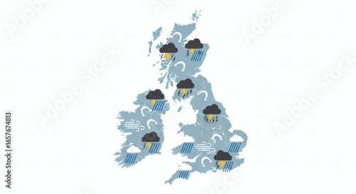 Illustrated map of the United Kingdom with a stormy weather forecast, showing rain and thunderstorms across the country.