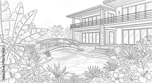 Wallpaper Mural Modern House Outline with Pond and Bridge in Tropical Garden Torontodigital.ca