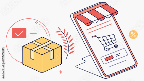 Online shopping delivery service concept with mobile phone and package for e commerce solutions process