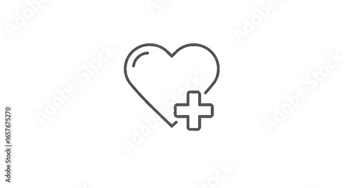 Simple line drawing of a heart with a plus sign isolated on transparent background