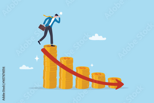 Loss money investment mistake failure, risk or debt crisis recession, expense or spending causing money decrease or decline, bankruptcy concept, businessman on money coins stack wealth losing value.