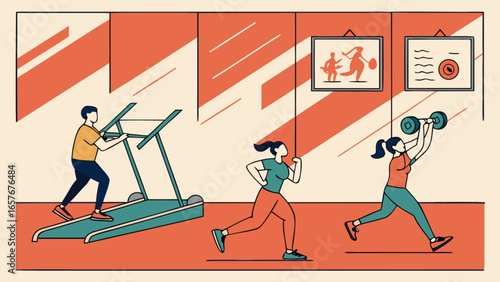 Gym fitness workout training exercise healthy lifestyle cardio strength weightlifting activities illustration