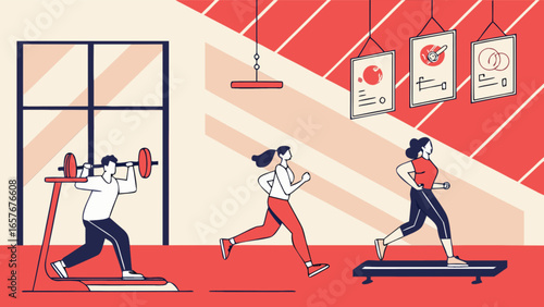Gym workout fitness training exercise cardio weightlifting and running for healthy lifestyle illustration
