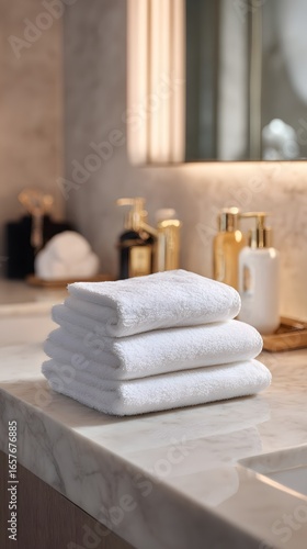 A Close-up of Clean Towels and Toiletries Display
