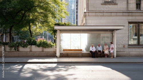 People waiting at a city bus stop in the afternoon sunlight with clear skies and modern architecture in the background