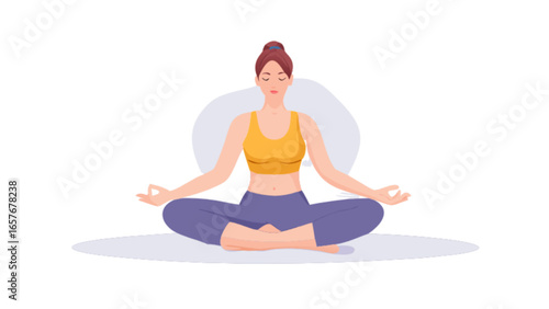 Woman meditating in lotus position illustration for yoga wellness and mindfulness practice design asset