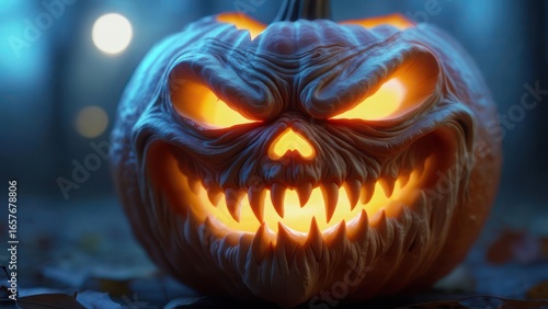 Wallpaper Mural Wrathful Pumpkin's Fiery Grin Pierces the Eerie Blue Forest Night Torontodigital.ca