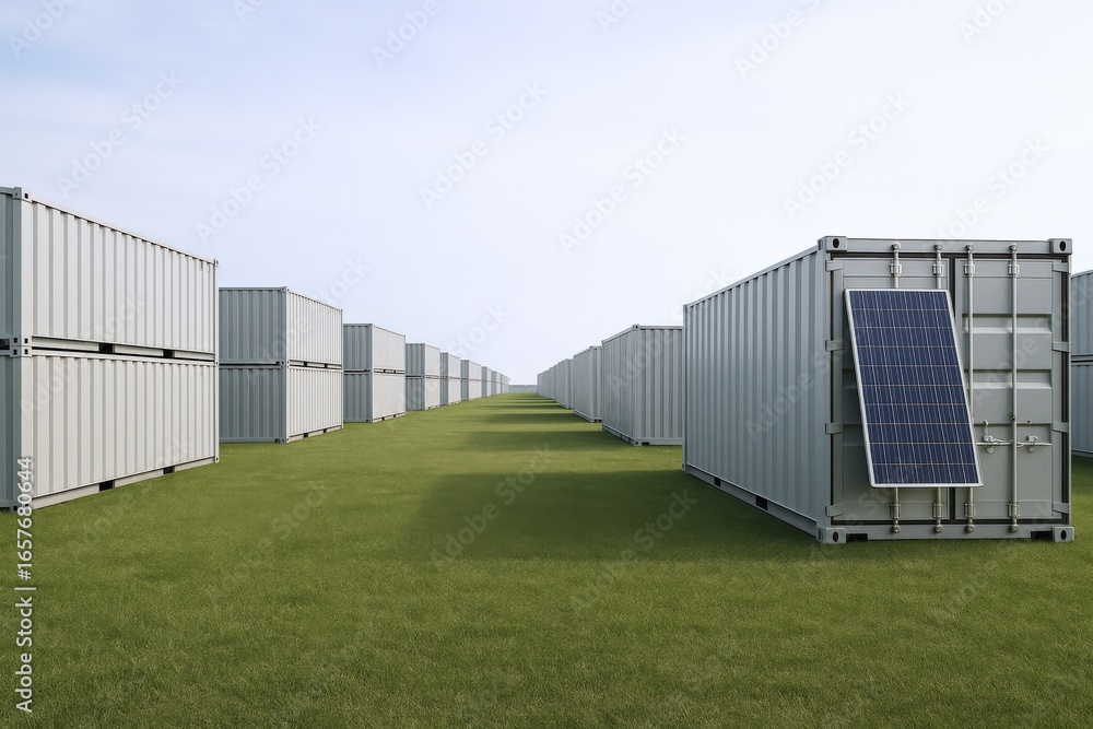 Obraz premium Shipping Containers with Solar Panel on Grassland: Sustainable Storage and Renewable Energy Concept