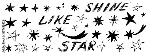 Hand drawn doodle stars and lettering set. Grunge sketch celestial elements with Shine like star text for posters, t-shirt design and decoration. Vector 