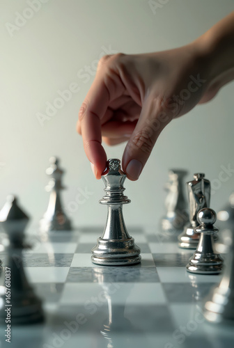Close-up shot of a hand moving a chess piece on a wooden chessboard under warm lighting. Shallow depth of field highlights the game’s intensity, representing strategy, competition, leadership, 