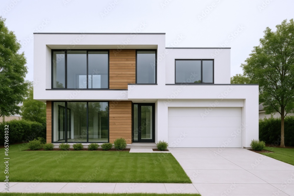 Modern Minimalist House with Clean Lines and Green Lawn, Exterior Architecture Photography Modern Minimalist House with Clean Lines and Green Lawn, Exterior Architecture Photography