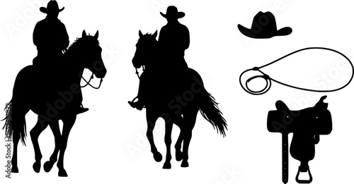 set of Cowboy riding horse silhouette saddle cowboy hat lasso vector