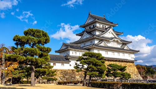 Majestic Japanese Castle with Lush Green Trees Under a Bright Blue Sky.