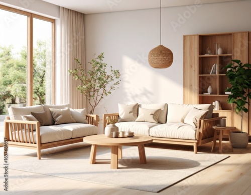 Spacious and Bright Modern Living Room with Scandinavian Inspired Wooden Furniture, Bathed in Natural Light, Creating a Warm and Inviting Home Interior.