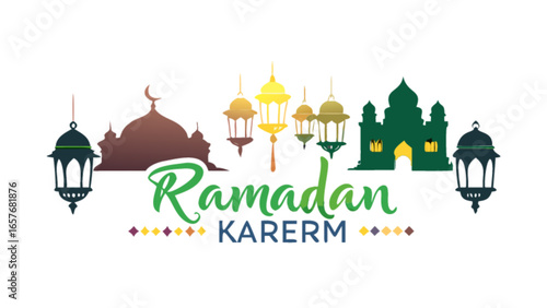 Ramadan kareem islamic celebration with mosque and lantern vector illustration for greeting card background