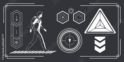 Set of retro futuristic cyber design grids abstract digital shapes and data waves set HUD futuristic blue user interface, dashboard display virtual reality technology screen, target Technology set.