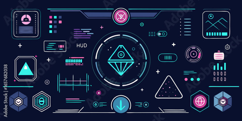 Set of retro futuristic cyber design grids abstract digital shapes and data waves set HUD futuristic blue user interface, dashboard display virtual reality technology screen, target Technology set.