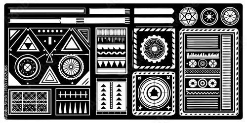 Set of retro futuristic cyber design grids abstract digital shapes and data waves set HUD futuristic blue user interface, dashboard display virtual reality technology screen, target Technology set.