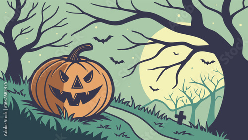 Halloween pumpkin spooky night scene with bats and moon vector illustration design for halloween season 100