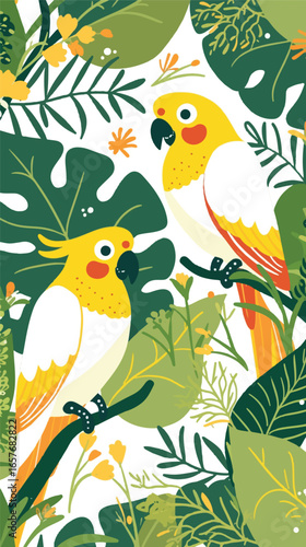 Wallpaper Mural Tropical Parrot's Delight: Two vibrant parrots perch amidst lush green foliage, creating a colorful and joyful tropical scene, ideal for adding a touch of nature and serenity. Torontodigital.ca