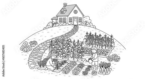 Children Gardening Near House Illustration in Black and White Line Art