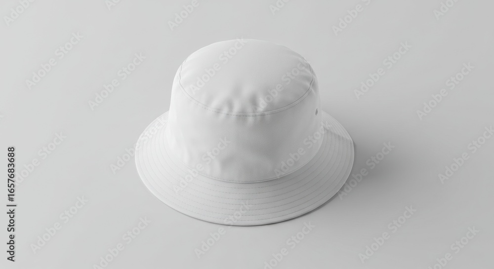 Fototapeta premium A plain white bucket hat is centered on a light grey background
