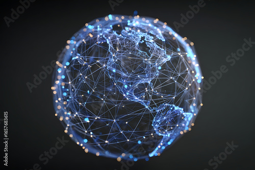 Dynamic digital network globe connects continents with glowing nodes and lines, symbolizing global data flow and interconnectedness for technology concepts.