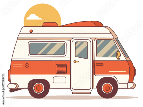 Vintage Campervan Adventure: Explore the spirit of freedom and wanderlust with this illustration of a retro campervan, set against a backdrop of a golden sun and cloud.