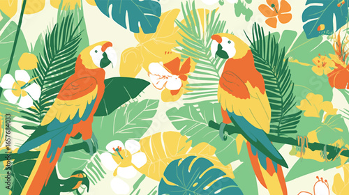 Tropical parrots seamless pattern: Exotic seamless pattern of vibrantly illustrated parrots amidst lush tropical foliage, showcasing a seamless blend of nature's beauty and artistic design.